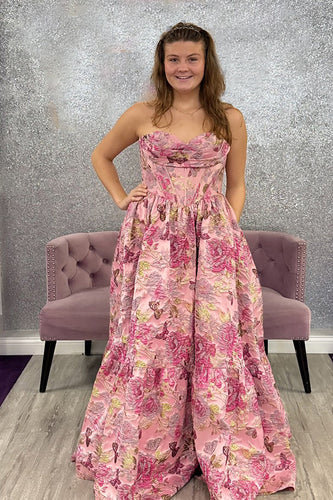 Blush Jacquard Strapless Corset Long Prom Dress