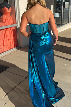Peacock Blue Metallic Mermaid Corset Long Prom Dress with Slit