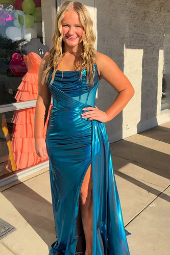 Peacock Blue Metallic Mermaid Corset Long Prom Dress with Slit
