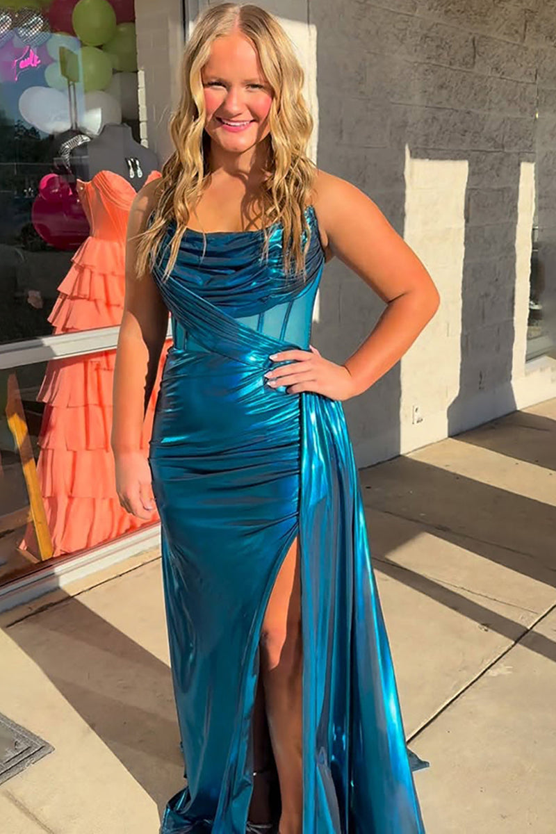 Load image into Gallery viewer, Peacock Blue Metallic Mermaid Corset Long Prom Dress with Slit