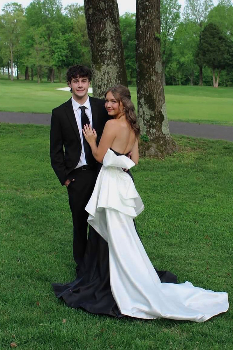 Load image into Gallery viewer, Black and White Strapless Mermaid Backless Long Prom Dress with Bow