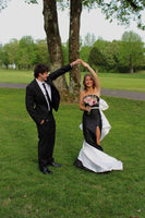 Load image into Gallery viewer, Black and White Strapless Mermaid Backless Long Prom Dress with Bow