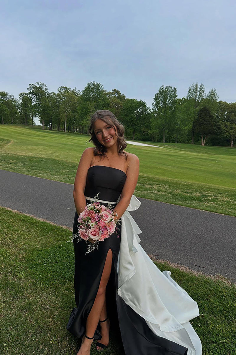 Load image into Gallery viewer, Black and White Strapless Mermaid Backless Long Prom Dress with Bow