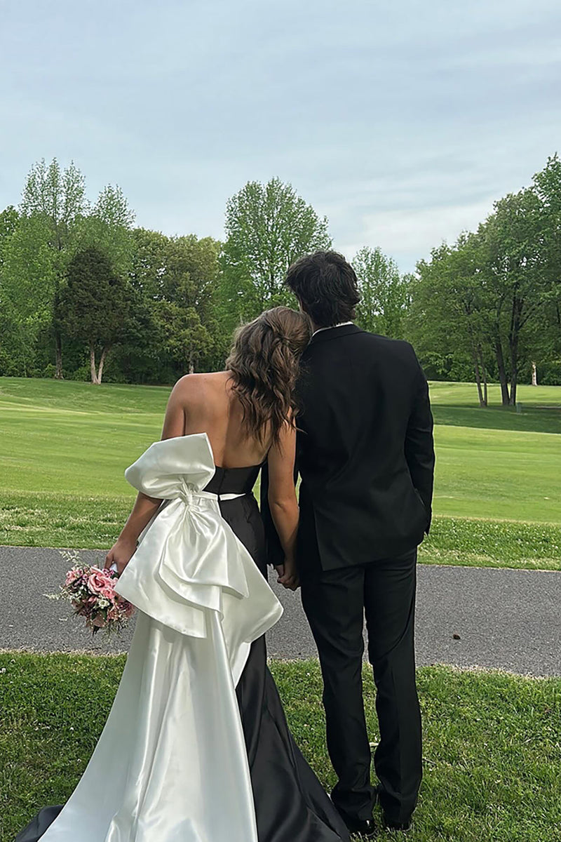 Load image into Gallery viewer, Black and White Strapless Mermaid Backless Long Prom Dress with Bow