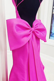 Fuchsia Satin Spaghetti Straps Mermaid Long Prom Dress with Bow