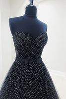 Load image into Gallery viewer, Black Polka Dots Ruffled Sweetheart Long Prom Dress