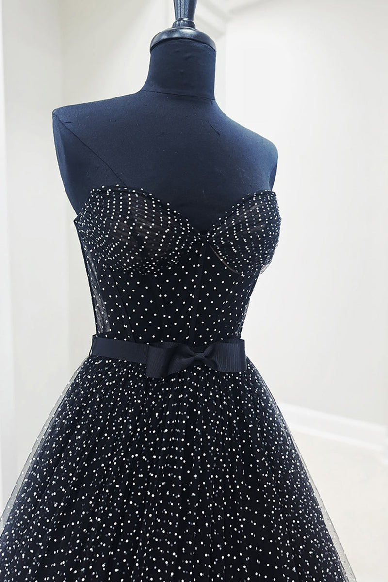 Load image into Gallery viewer, Black Polka Dots Ruffled Sweetheart Long Prom Dress