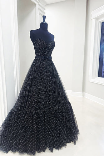 Black Polka Dots Ruffled Sweetheart Long Prom Dress