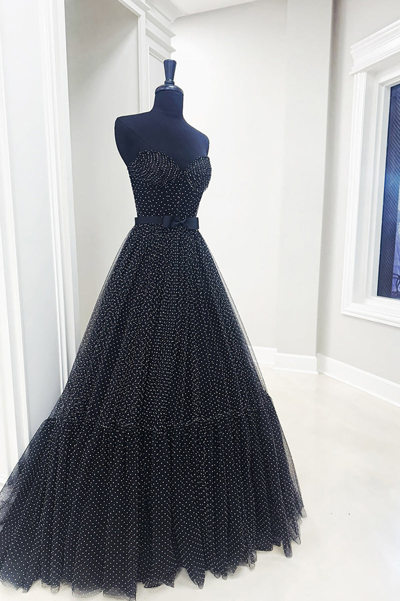 Load image into Gallery viewer, Black Polka Dots Ruffled Sweetheart Long Prom Dress