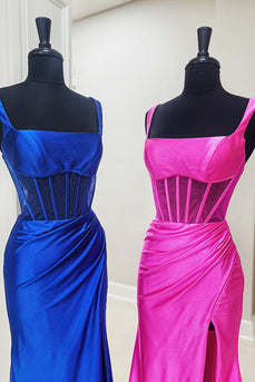 Fuchsia Satin Corset Mermaid Long Prom Dress with Slit