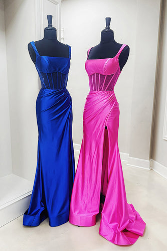 Fuchsia Satin Corset Mermaid Long Prom Dress with Slit