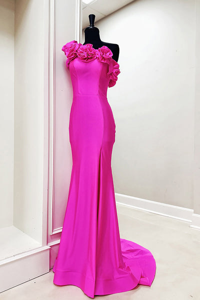 Floral Fuchsia Satin Mermaid One Shoulder Long Prom Dress with Slit