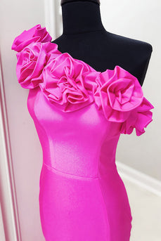 Floral Fuchsia Satin Mermaid One Shoulder Long Prom Dress with Slit