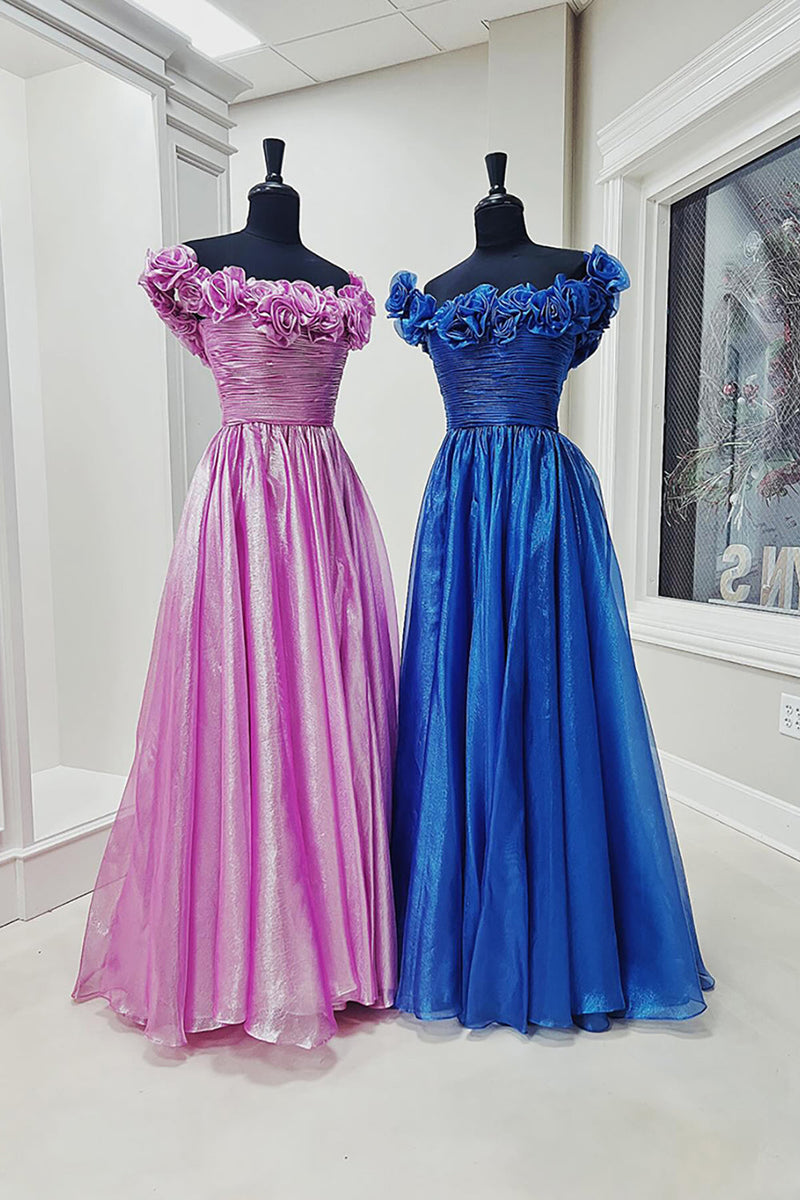 Load image into Gallery viewer, Purple Off the Shoulder A-Line Long Prom Dress with 3D Flowers