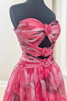 Red Flower Strapless Long Prom Dress with Keyhole