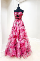 Load image into Gallery viewer, Red Flower Strapless Long Prom Dress with Keyhole