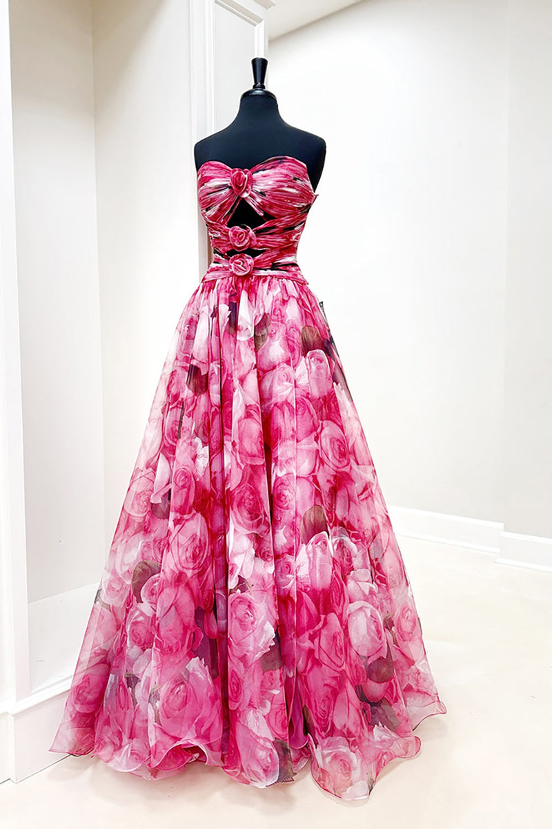Load image into Gallery viewer, Red Flower Strapless Long Prom Dress with Keyhole