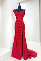 Load image into Gallery viewer, Red Floral Mermaid Square Neck Corset Long Prom Dress with Slit