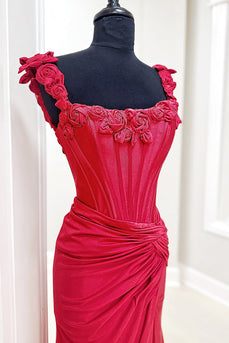 Red Floral Mermaid Square Neck Corset Long Prom Dress with Slit