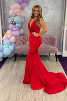 Load image into Gallery viewer, Red Halter Satin Halter Mermaid Long Prom Dress