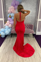 Load image into Gallery viewer, Red Halter Satin Halter Mermaid Long Prom Dress