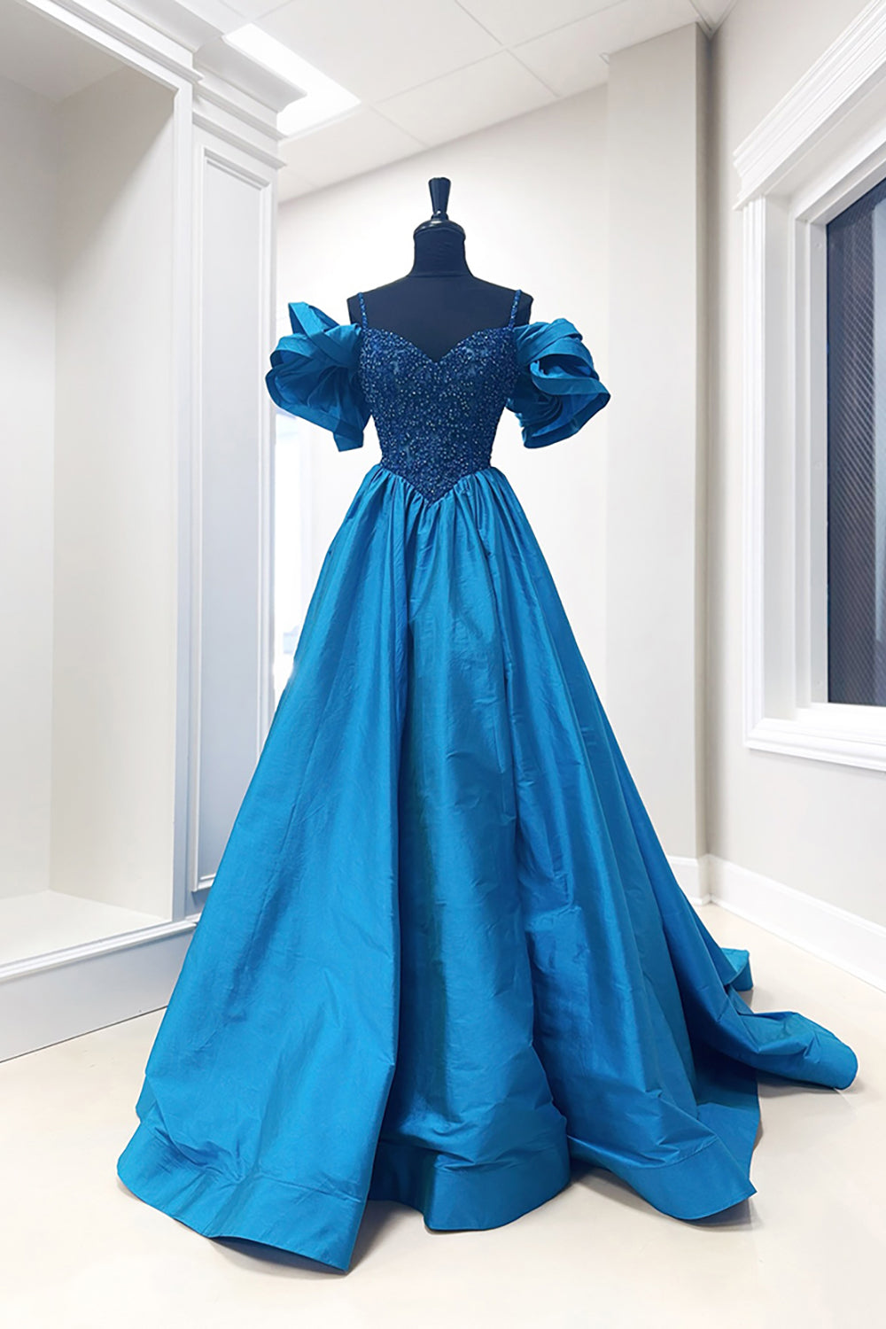 Sparkly Royal Blue Satin Cold Shoulder Long Prom Dress