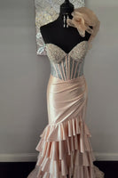 Load image into Gallery viewer, Sparkly Champagne Ruffled Mermaid Long Corset Prom Dress