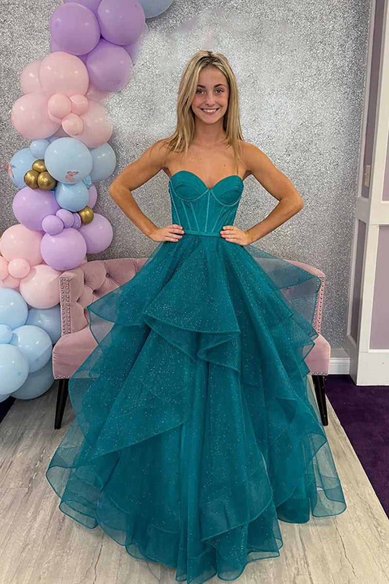Queendancer Women Sparkly Peacock green Corset Long Prom Dress with Ruffles A Line Tiered Sweetheart Formal Dress – queendancer