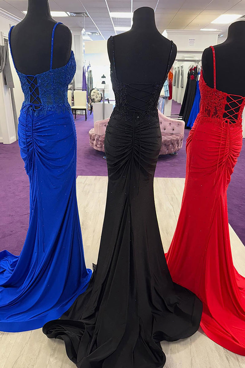 Load image into Gallery viewer, Sparkly Red Satin Beaded Mermaid Long Corset Prom Dress with Slit