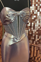 Load image into Gallery viewer, Sparkly Silver Metallic Spaghetti Straps Mermaid Long Corset Prom Dress