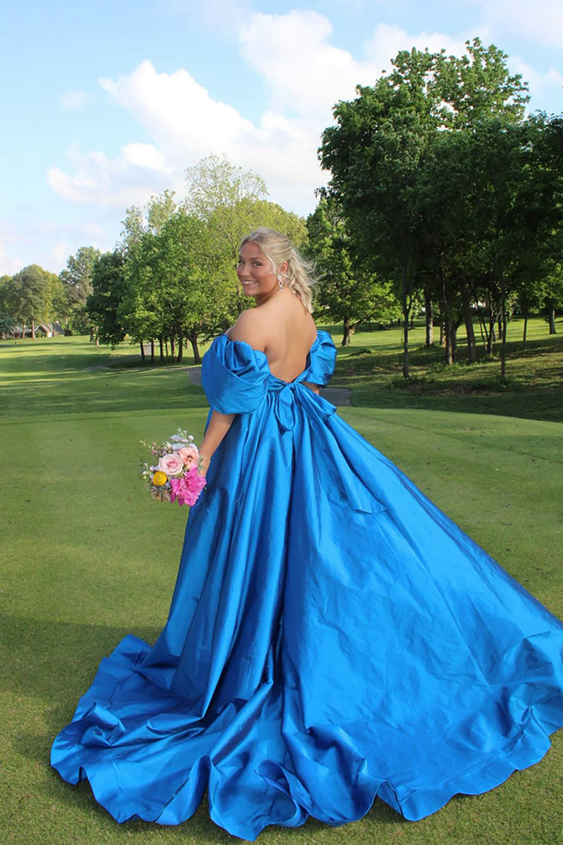 Load image into Gallery viewer, Royal Blue Off the Shoulder Ball Gown Long Prom Dress with Slit