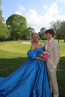 Load image into Gallery viewer, Royal Blue Off the Shoulder Ball Gown Long Prom Dress with Slit