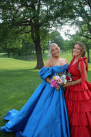 Load image into Gallery viewer, Royal Blue Off the Shoulder Ball Gown Long Prom Dress with Slit