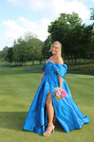Load image into Gallery viewer, Royal Blue Off the Shoulder Ball Gown Long Prom Dress with Slit