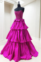 Load image into Gallery viewer, Sparkly Fuchsia Beaded Tiered Long Corset Prom Dress with Bows