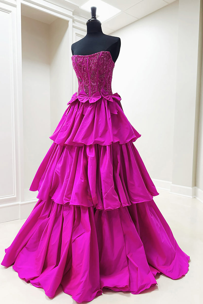 Load image into Gallery viewer, Sparkly Fuchsia Beaded Tiered Long Corset Prom Dress with Bows