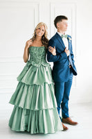 Load image into Gallery viewer, Sparkly Fuchsia Beaded Tiered Long Corset Prom Dress with Bows