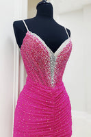 Load image into Gallery viewer, Sparkly Fuchsia Spaghetti Straps Sheath Long Corset Prom Dress with Slit
