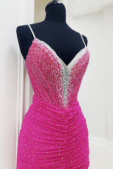 Sparkly Fuchsia Spaghetti Straps Sheath Long Corset Prom Dress with Slit