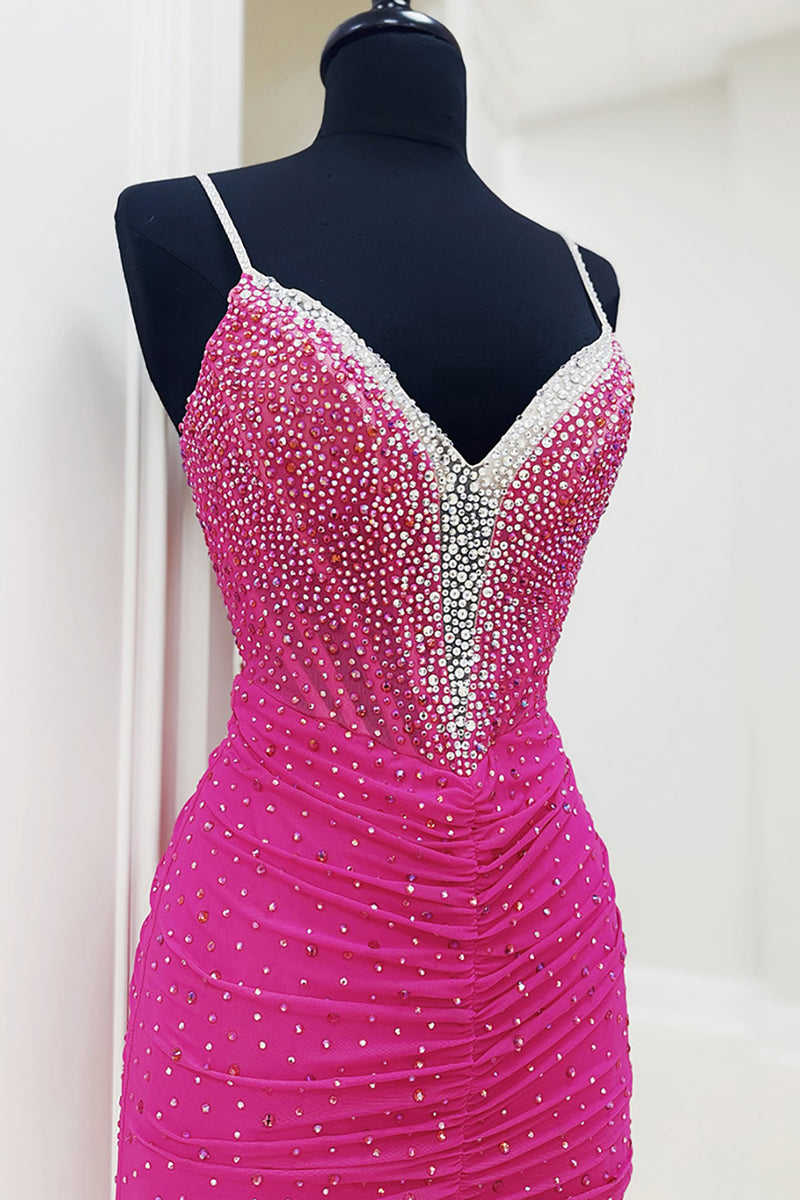 Load image into Gallery viewer, Sparkly Fuchsia Spaghetti Straps Sheath Long Corset Prom Dress with Slit