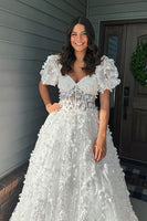 Load image into Gallery viewer, Sparkly White Floral Puff Shoulder A Line Long Corset Prom Dress