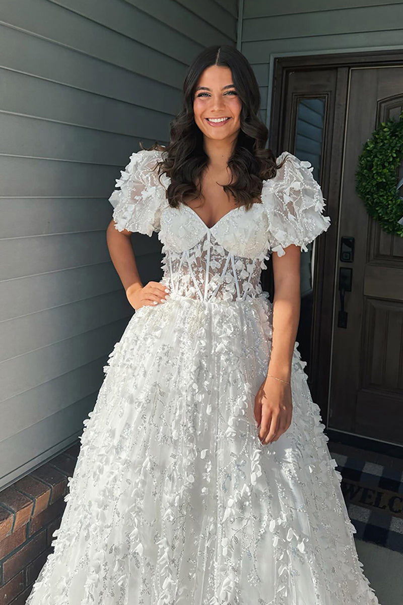 Load image into Gallery viewer, Sparkly White Floral Puff Shoulder A Line Long Corset Prom Dress