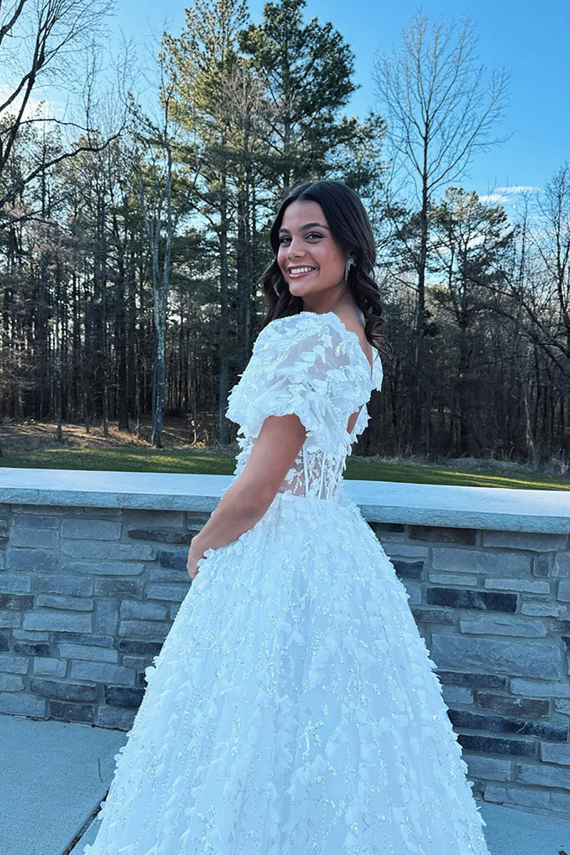 Load image into Gallery viewer, Sparkly White Floral Puff Shoulder A Line Long Corset Prom Dress