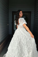 Load image into Gallery viewer, Sparkly White Floral Puff Shoulder A Line Long Corset Prom Dress