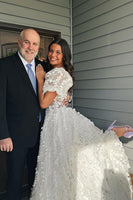 Load image into Gallery viewer, Sparkly White Floral Puff Shoulder A Line Long Corset Prom Dress