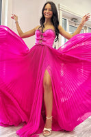 Load image into Gallery viewer, Sparkly Fuchsia Beaded Pleated Keyhole Long Prom Dress with Bows