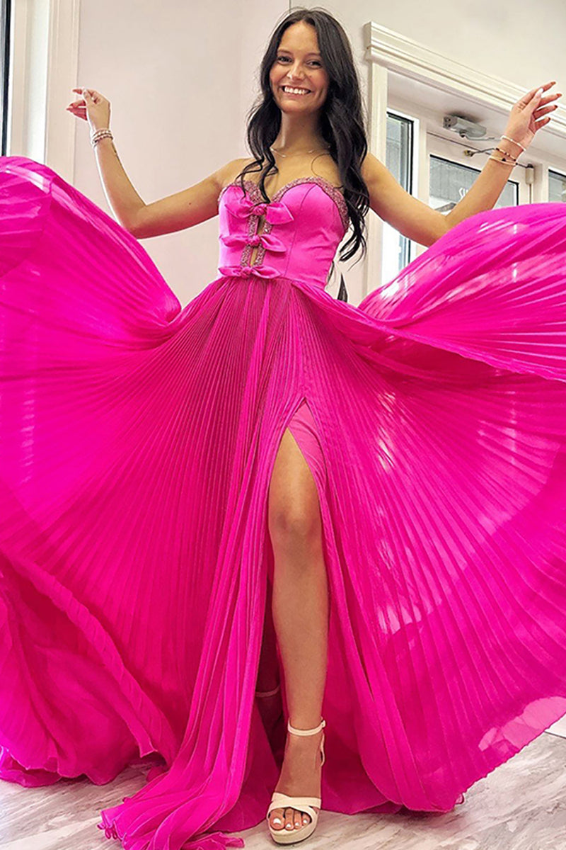 Load image into Gallery viewer, Sparkly Fuchsia Beaded Pleated Keyhole Long Prom Dress with Bows