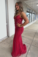Load image into Gallery viewer, Sparkly Red Beaded Spaghetti Straps Mermaid Long Corset Prom Dress