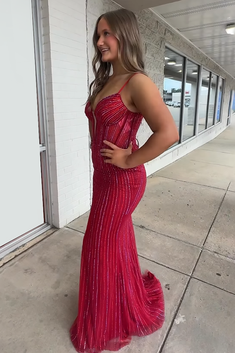 Load image into Gallery viewer, Sparkly Red Beaded Spaghetti Straps Mermaid Long Corset Prom Dress