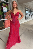 Load image into Gallery viewer, Sparkly Red Beaded Spaghetti Straps Mermaid Long Corset Prom Dress